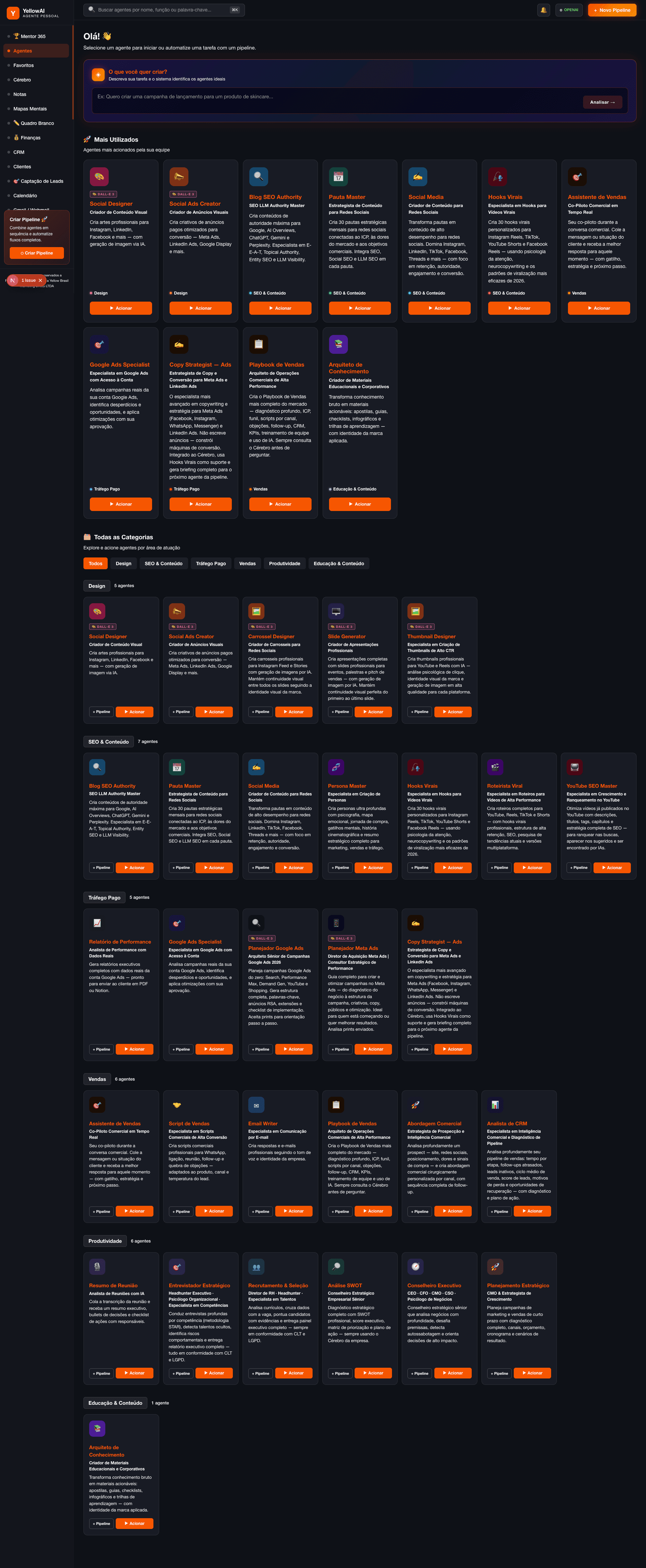 YellowAI — Interface dos agentes especializados